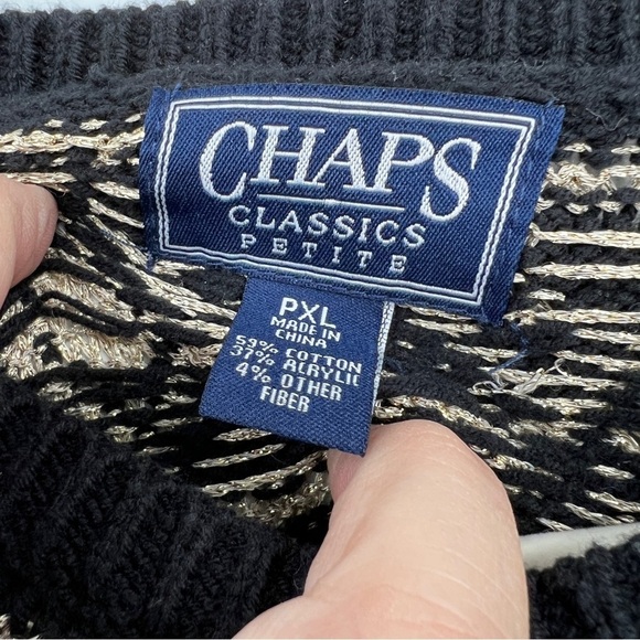 Chaps Classic Petite Lurex Geometric Print Long Sleeve Black Cream Sweater - Picture 3 of 10